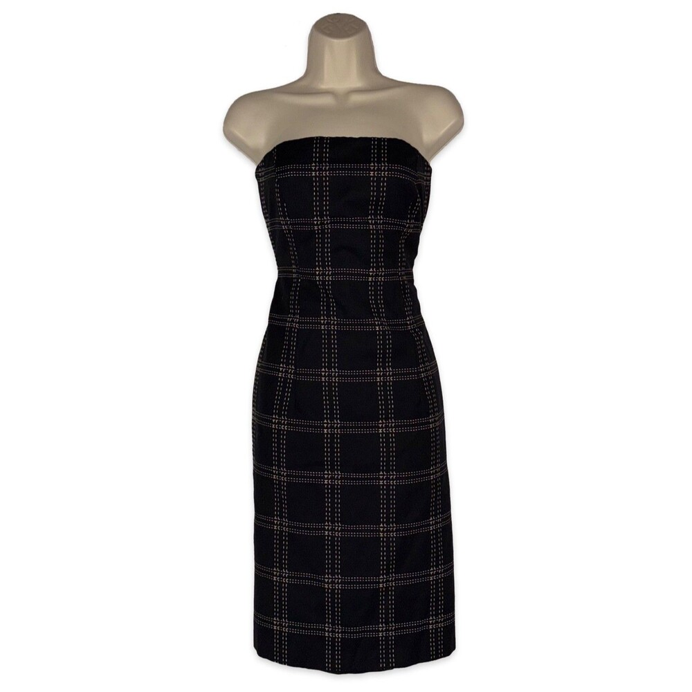 Milly NY Wool Cashmere Strapless Sheath Dress Plaid Grid Black Y2K Size 4